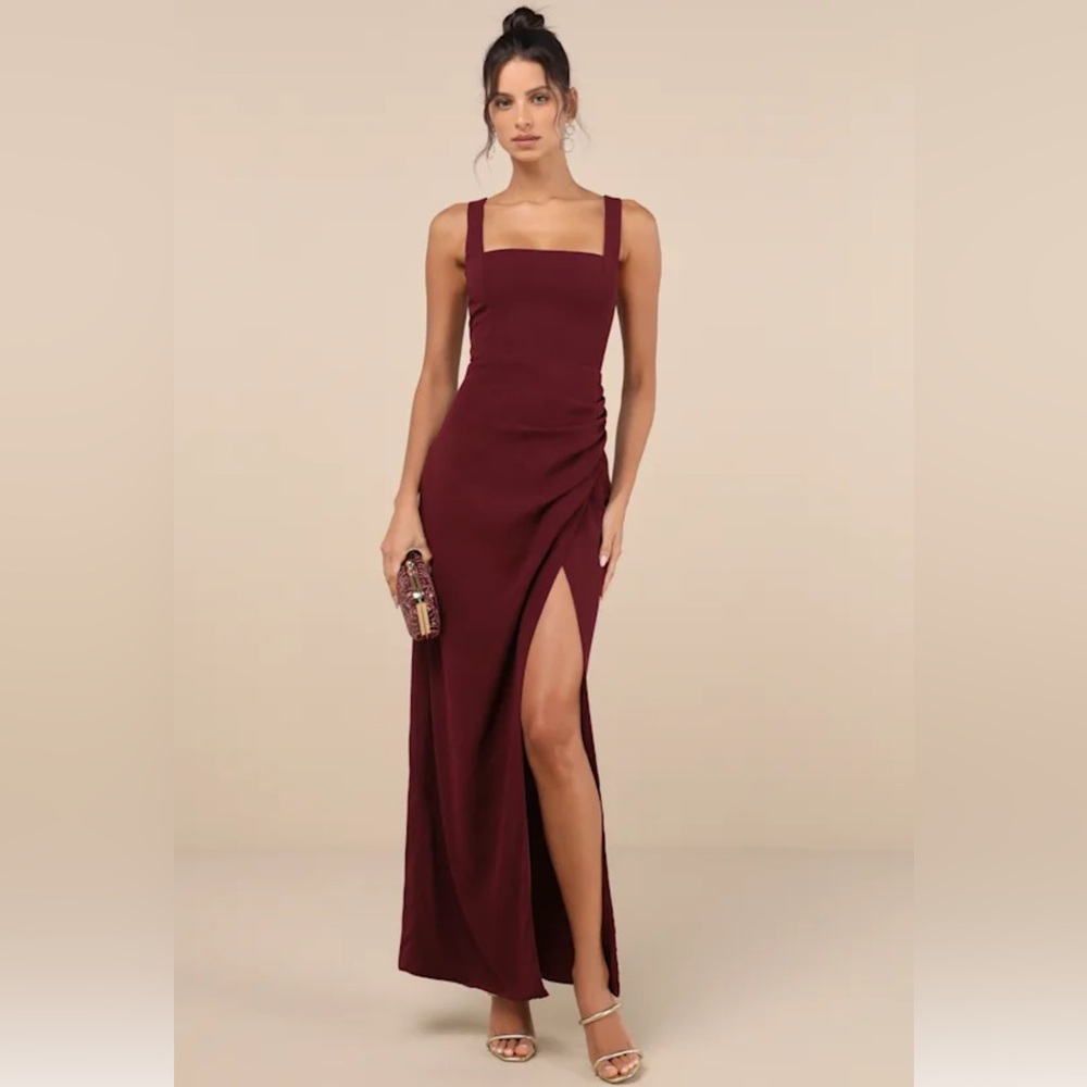 NWT Lulus Glamorous Disposition Burgundy Ruched Maxi Dress